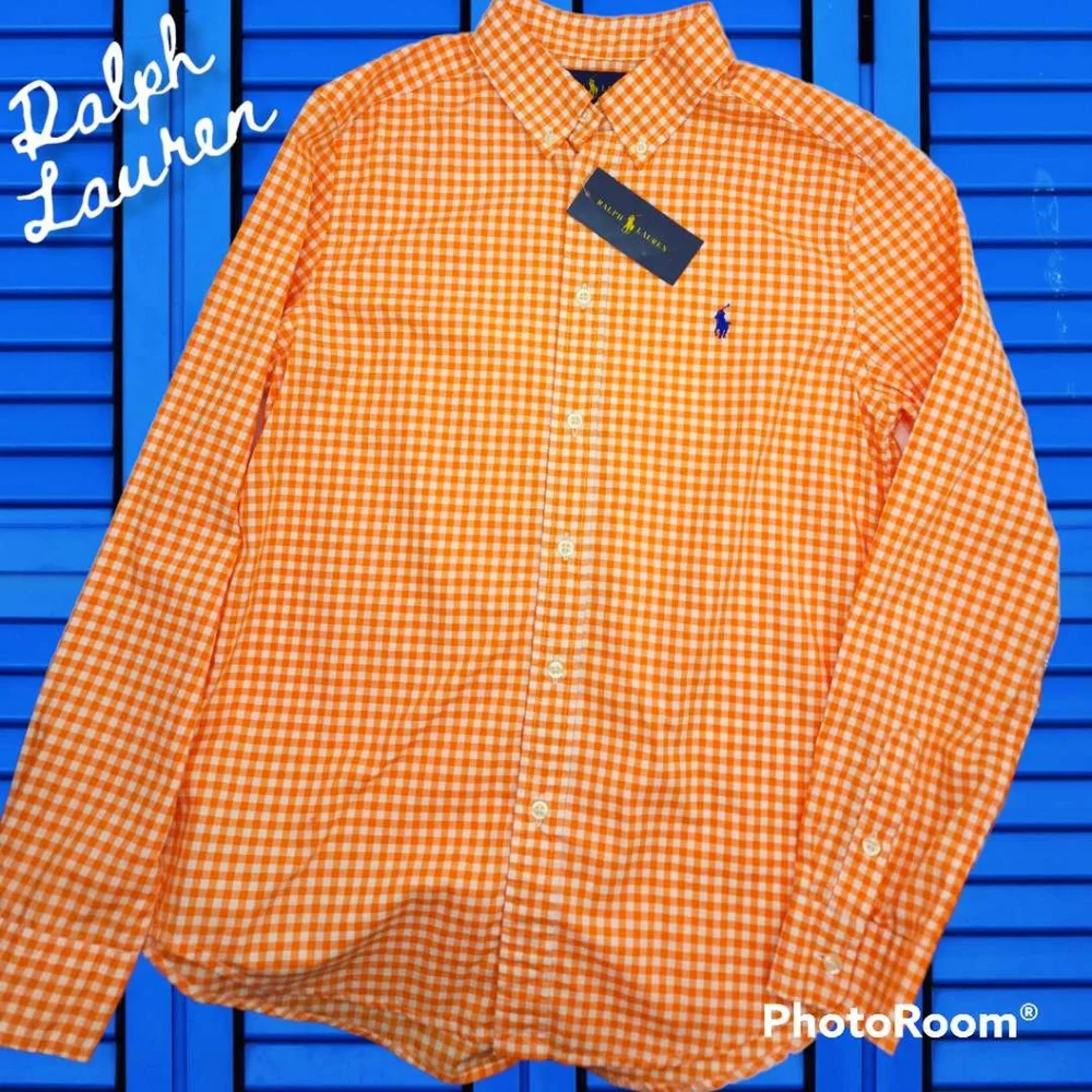 Ralph Lauren orange gingham dress shirt L 14-16 boys NWT button down fall autumn - Picture 5 of 6